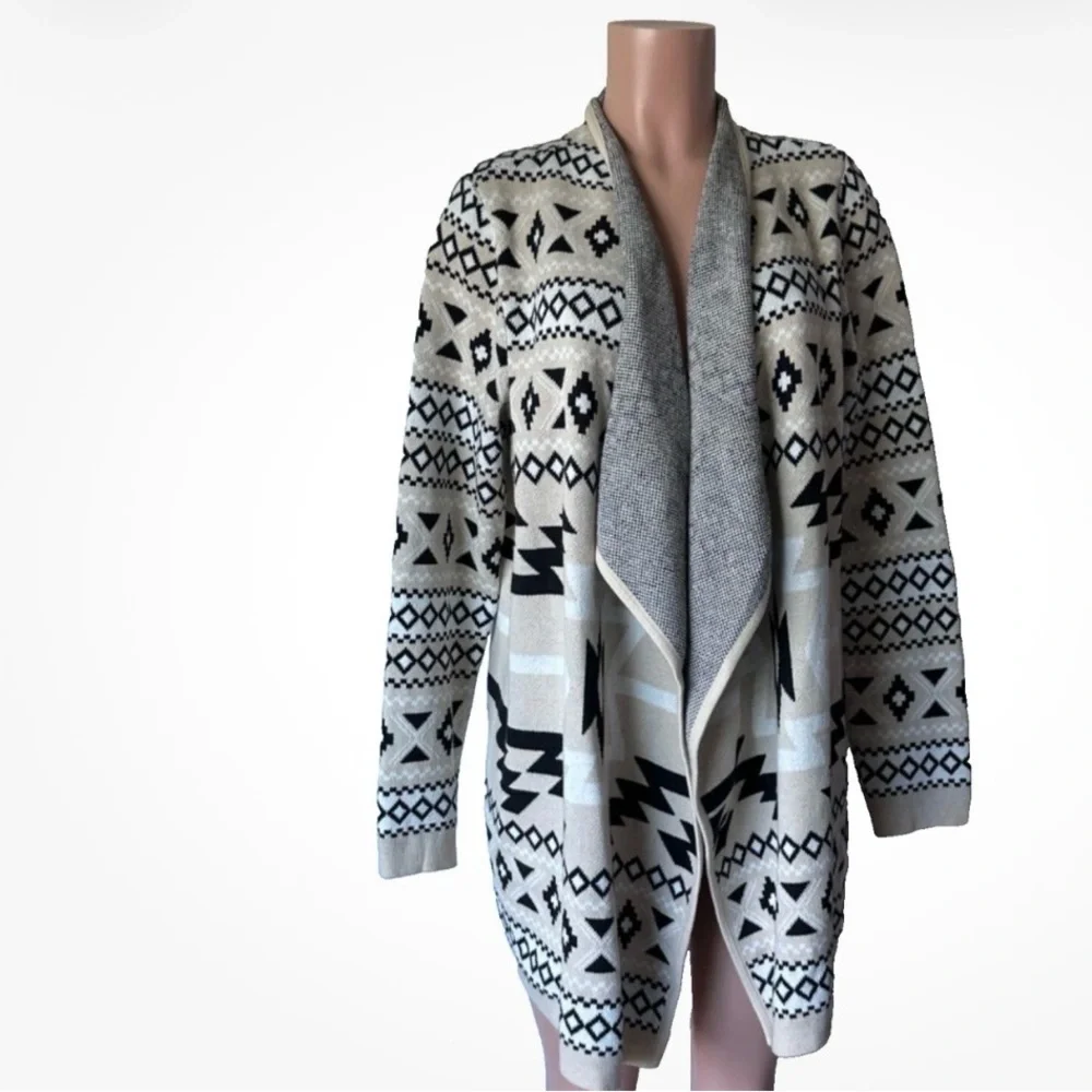 Lucky Brand Open Front Aztec Cardigan Tan Black Cozy Knit Winter NEW large
